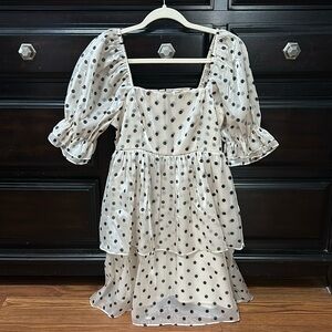 English Factory Organza Dot Tiered Doll Mini Dress Beige/Black Size Small
